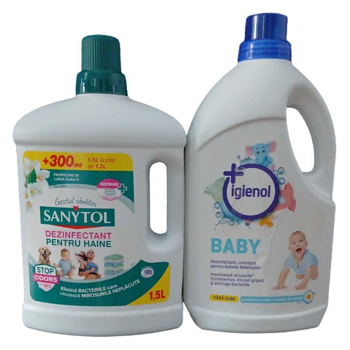 Pachet Dezinfectant: Sanytol 1.5L (+300ml Gratuit) + Igienol Baby 1.5L – Antibacterian Fara Clor, Elimina 99.9% Germeni, Sigur pentru Bebelusi si Adulti, Actioneaza de la 30°C