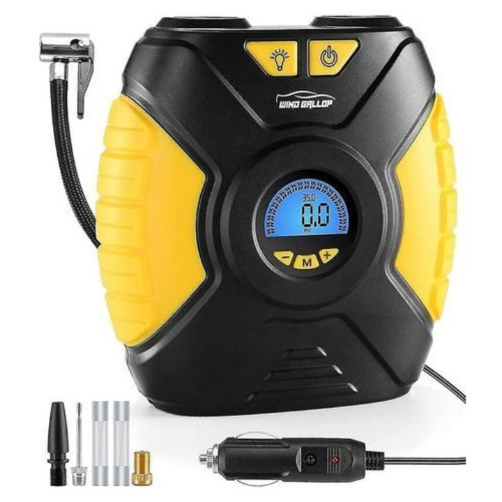 Compresor aer digital portabil 12V, afisaj digital, 3 adaptoare, 3m cablu, 0-35 PSI