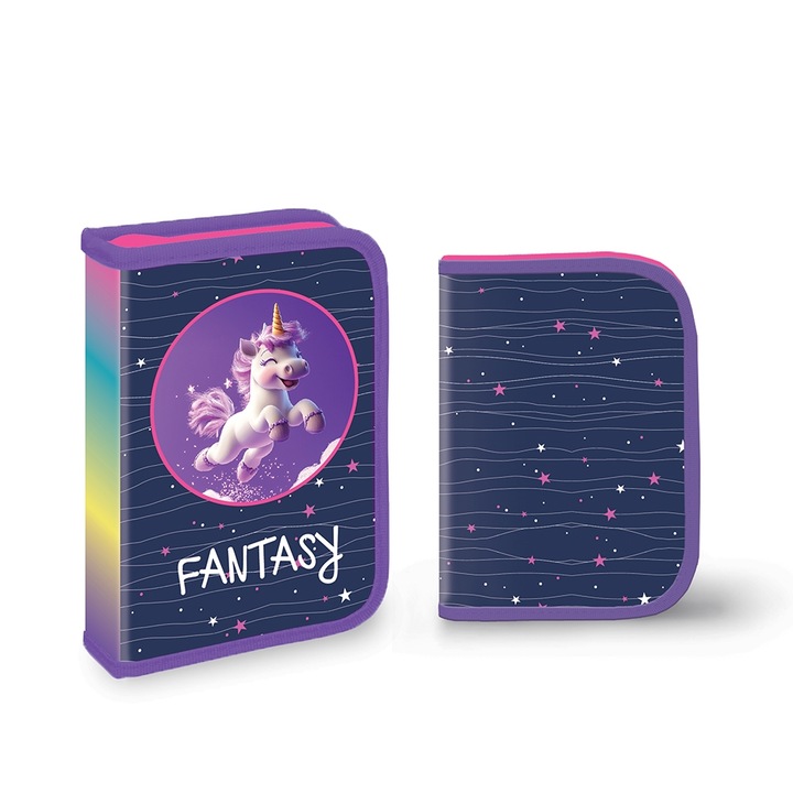 Penar scolar echipat pentru fete, S-Cool, model Fantasy Unicorn Magic, 1 fermoar cu 2 extensii, 32 piese, Roz/Bleomaren