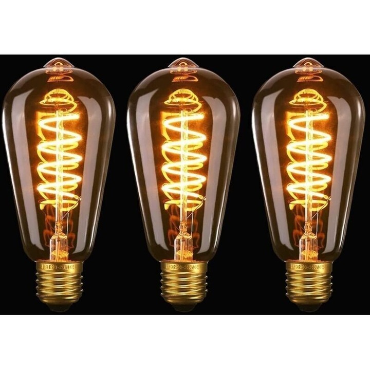 Комплект от 3 LED крушки ST64, спираловидни, гъвкави, 4W E27, топло бяло 2200K