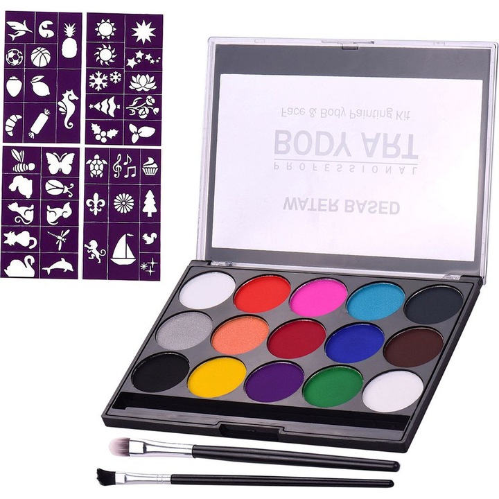 Set vopsea fata si corp 15 culori acuarela multicolor cu pensule
