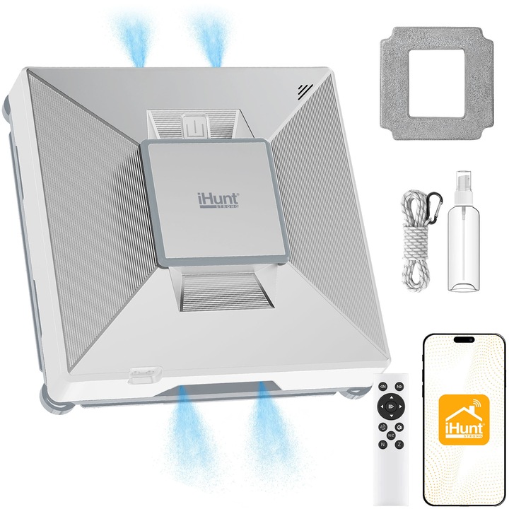 Robot pentru curatarea geamurilor iHunt Window 7 SUPREME 4X Spray, Putere 72W, Aspiratie 2500Pa, 4 Duze de pulverizare, Rezervor 60ml, Navigatie Giroscop, Protectie anti-cadere UPS 40 min, Motor Brushless, Control Aplicatie/Telecomanda