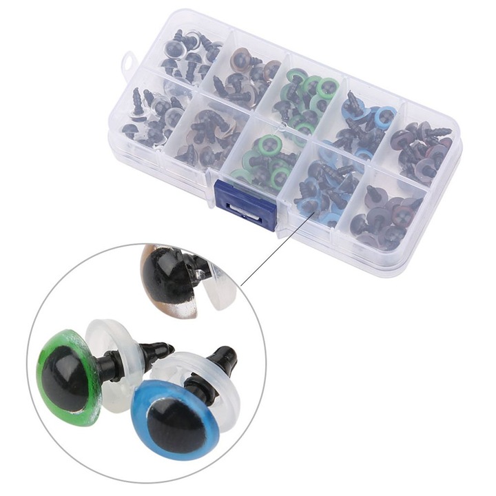 Set 100 ochi de siguranta colorate 10mm pentru papusi si jucarii, multicolor