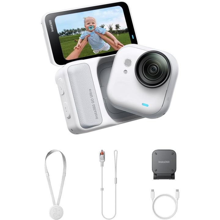 Insta360 GO Ultra Polar White Camera Video Sport 4K, Senzor CMOS 1/1.28", 53g, POV Hands-Free, Magnetic Mount, Active HDR, Autonomie 200 min