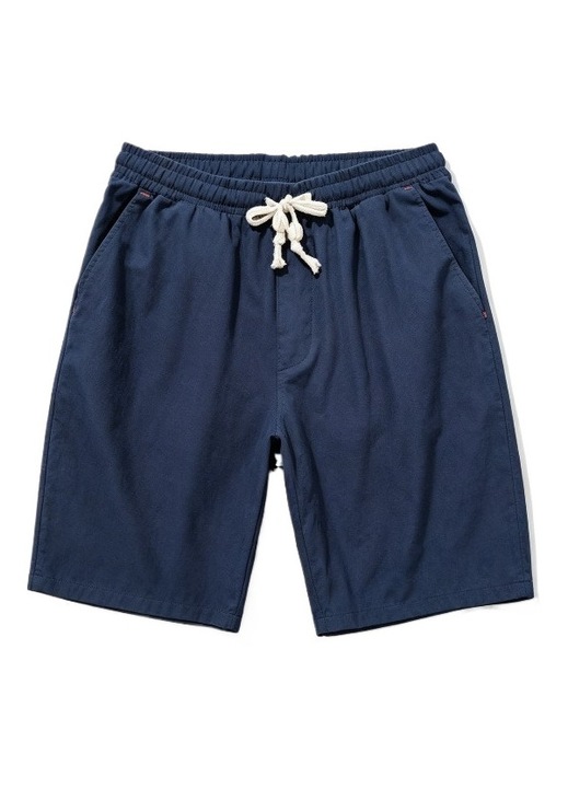 Pantaloni scurti casual pentru barbati din bumbac si in, cu cordon reglabil la talie, respirabili si confortabili pentru vara, Albastru inchis