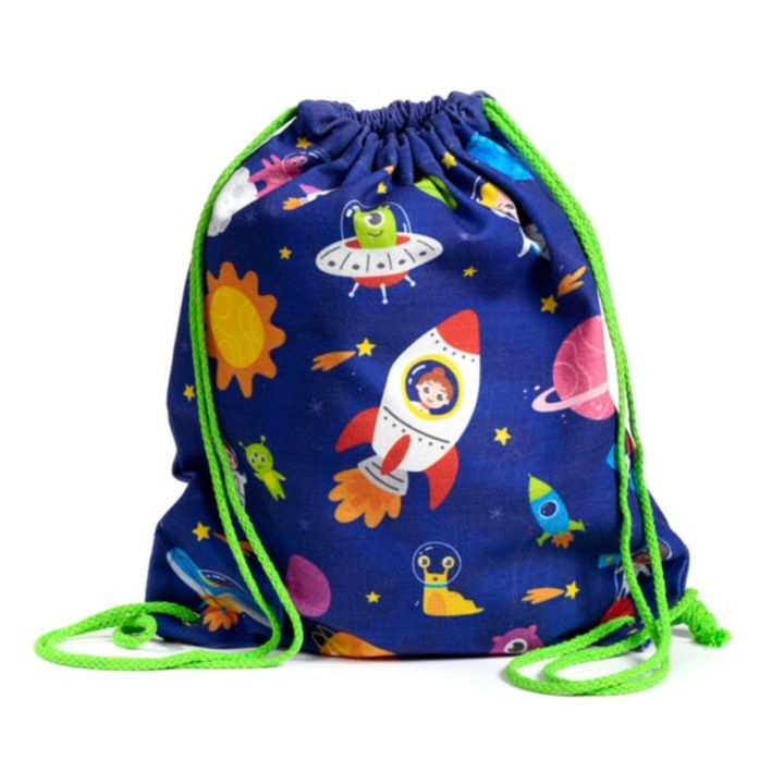 Ghiozdan tip saculet cu snur, rucsac sport/gradinita din bumbac, Space Cadets, tematica spatiala, 40 x 35 x 1 cm