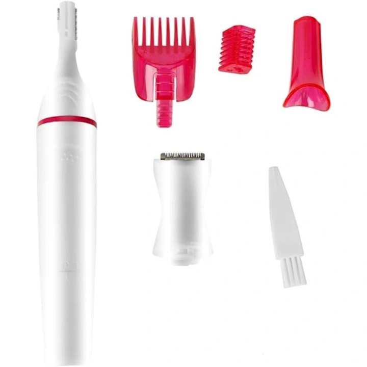Trimmer multifunctional 4-in-1 pentru femei, aparat de tuns nas/bikini, trimmer sprancene, capete detasabile si lavabile, utilizare uscat/umed, alb/roz, 1 buc.