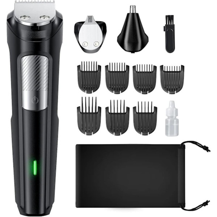 Kit grooming barbati, 13 piese, trimmer multifunctional, inox, incarcare USB, negru