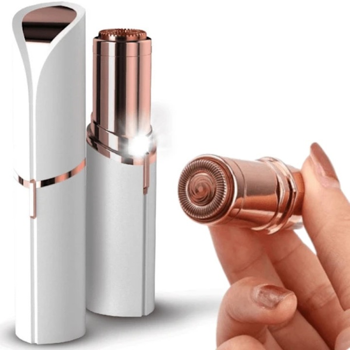 Aparat de epilat facial Trimmer/indepartator de par Elegance, reincarcabil USB, cap rotativ pentru tuns fin, lumina LED, alb/roz auriu, 1 buc