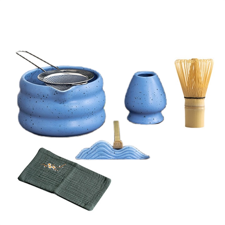 Set ceai Matcha 7 piese, ceramica si bambus, albastru, 7 piese