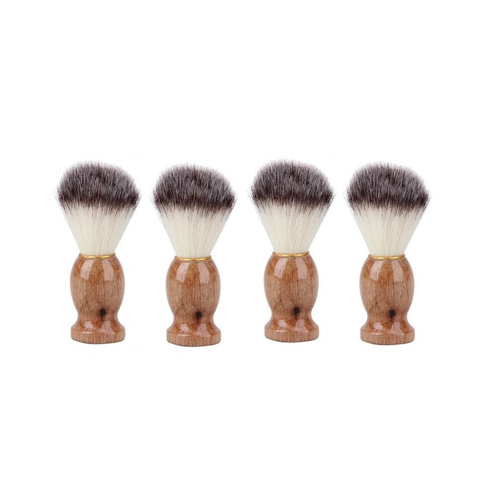 Set 4 Pensule de Ras, Par Mistret si Nylon, Maner Lemn, Maro, 11x3.5x3.2cm