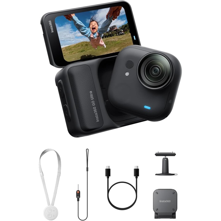 Insta360 GO Ultra Must-Have Bundle Midnight Black Camera Video Sport 4K, Senzor CMOS 1/1.28", FlowState Stabilization, Waterproof 10 m, Autonomie 200 min