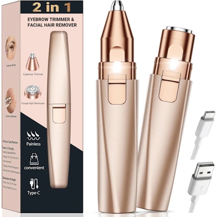 2 az 1-ben arc- és szemöldökápoló készülék, USB-ről tölthető, fehér, kompakt
