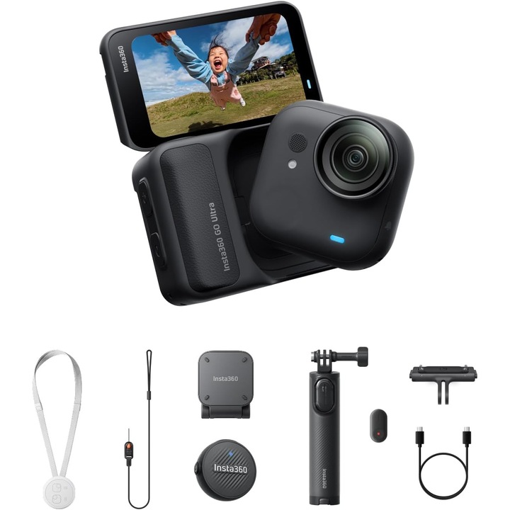 Insta360 GO Ultra Vlogger Bundle Midnight Black Camera Video Sport 4K, Senzor CMOS 1/1.28", FlowState Stabilization, Waterproof 10 m, Autonomie 200 min