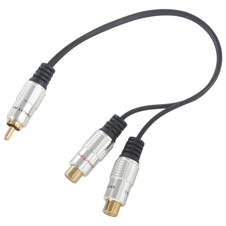 Set 4 bucati, cablu adaptor RCA Y, splitter audio 1 RCA M la 2 RCA F, placat cu aur 24K, conductor 26 AWG, dubla ecranare contra EMI/RFI, metal/aluminiu, argintiu/negru, 25 cm