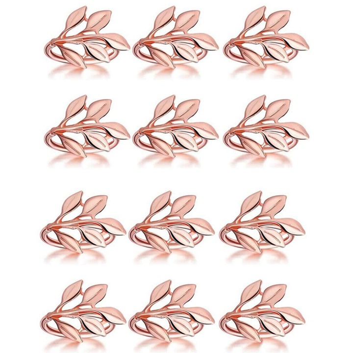 Set 12 inele servetel metalice frunza, rose gold, 4.5x4.5cm
