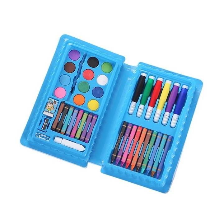 Set creativ pentru desen si pictura baietei, 42 piese, penar portabil, acuarele, carioci si creioane cerate, albastru, 24.3 x 13 x 3 cm
