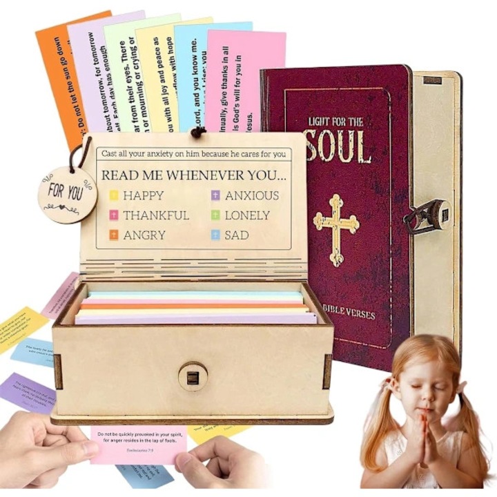 Cutie artizanala cu versete biblice, set de carduri ilustrate pentru lectura zilnica, din lemn, 6 teme colorate, bej/maro, 1 cutie + 150 carduri