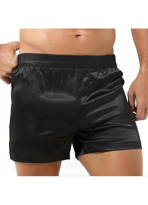 Pijamale barbati, pantaloni scurti din satin de matase, lenjerie intima, negru