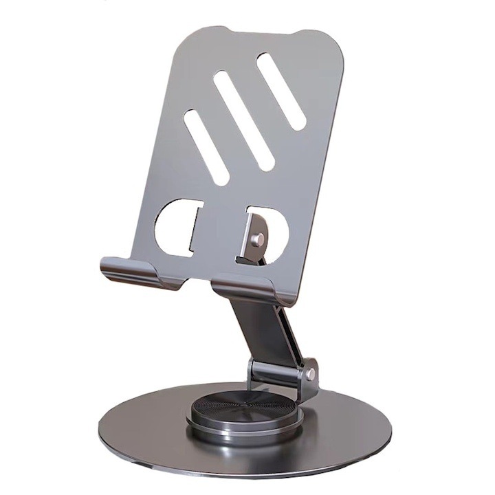 Suport rotativ premium pentru telefon si tableta, complet metalic, pliabil, reglabil, rotatie 720°, stand desktop multifunctional, gri, 10.5 x 9 x 9 cm
