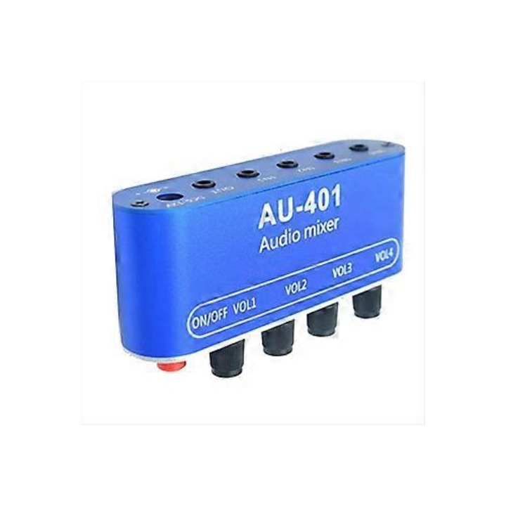 Sztereó audio keverő 4 bemenet 1 kimenet metálkék 12x7cm