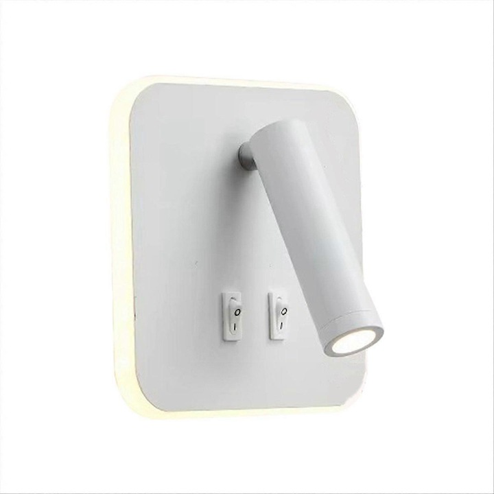 Стенна лампа за четене, LED, бяла, алуминиева, 5-10кв.м, с превключвател и USB порт