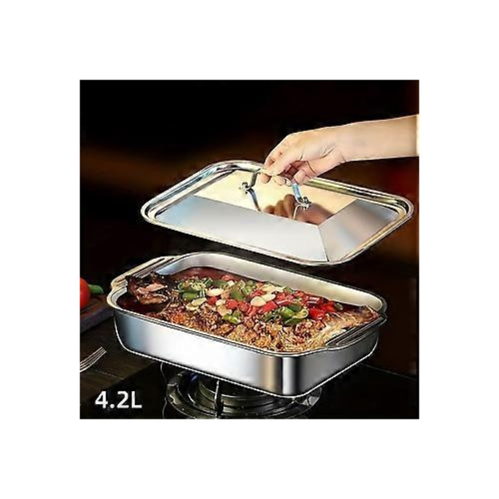 Tava adanca dreptunghiulara inox cu manere 30x20x7cm, set 2 piese