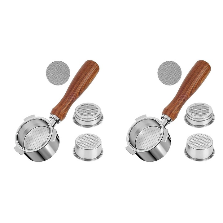 Set portafiltre 51mm, inox, maner lemn rosu, 2 buc, accesorii cafea