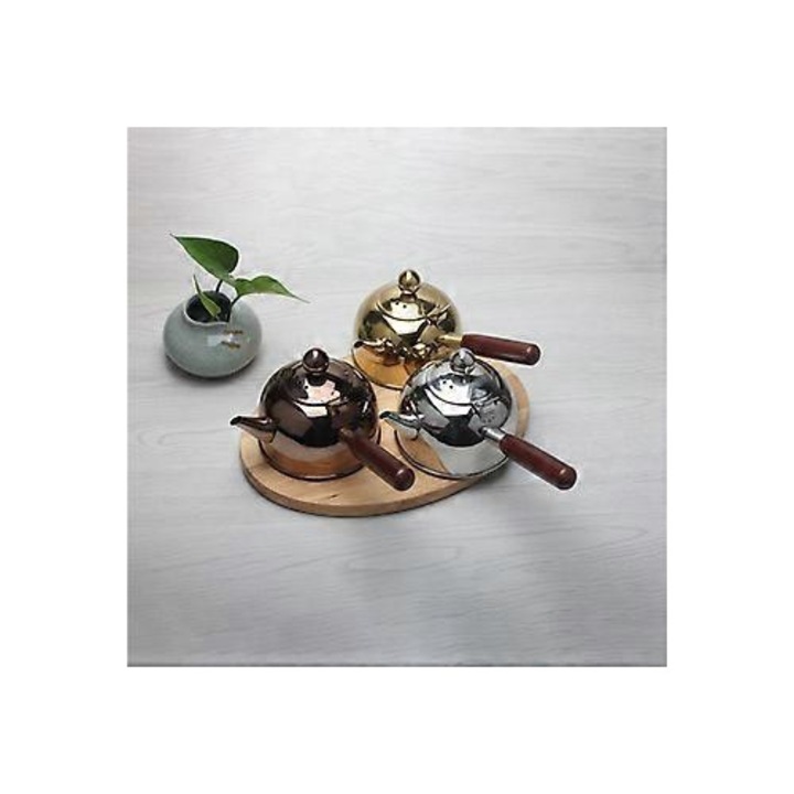 304-es rozsdamentes acél ibrik, 500ml, bronz, fa fogantyú, 11.5x7cm