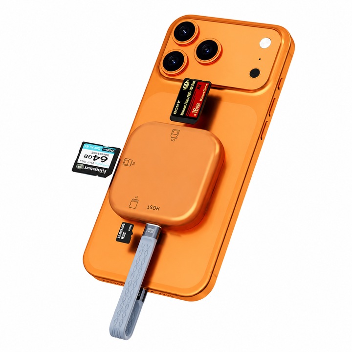 OUMASK Четец на магнитни карти 5 в 1, с магнетизъм, USB3.0 и Type-C, 10Gbps, едновременно четене на SD/TF/MS, поддръжка на 2TB, трансфер 8K, оранжев