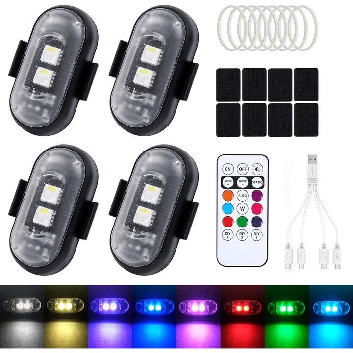 Комплект от 4 LED авто светлини, 8 цвята, дистанционно управление, USB зареждане, водоустойчиви, 110mAh