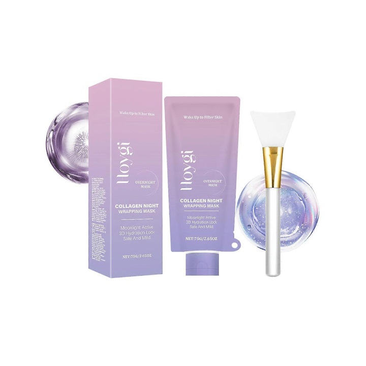 Masca de fata Hoygi, masca de noapte Collagen Night Wrapping, hidratanta cu colagen si glicerina, contine PVA, pentru hidratare intensa si piele neteda, Mov, 2 bucati