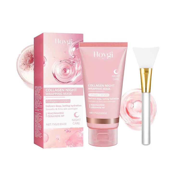 Masca peel-off (masca de noapte) Hoygi Collagen Night Wrapping Mask, hidratanta, cu efect de fermitate si netezire, cu spatula, roz, 75 g