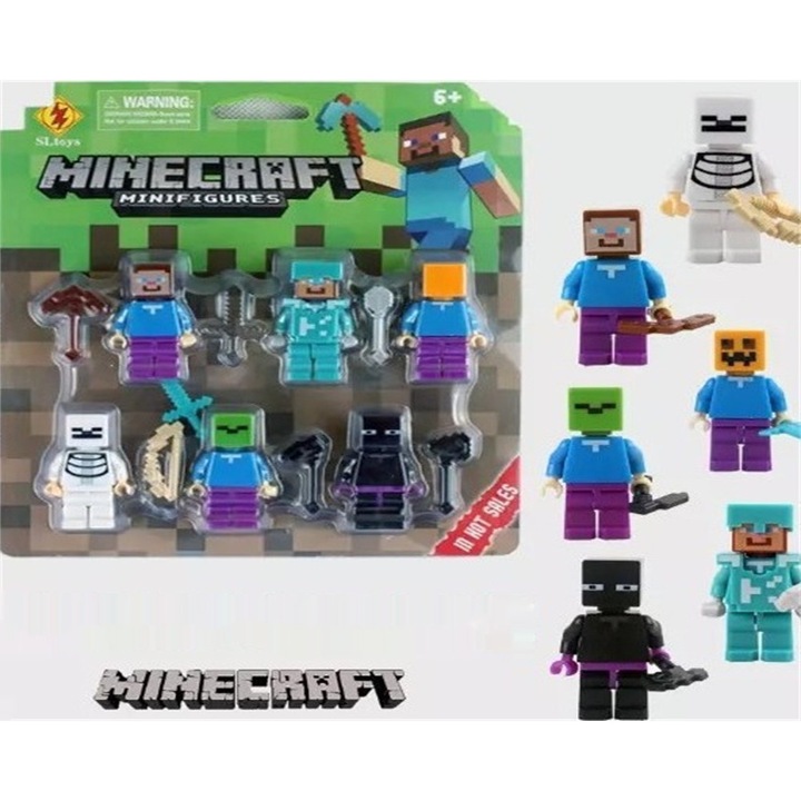 Minecraft figura készlet, 6 darabos, Steve minifigurát és klasszikus karaktereket tartalmaz, építőkockák, többszínű, 6 darabos készlet
