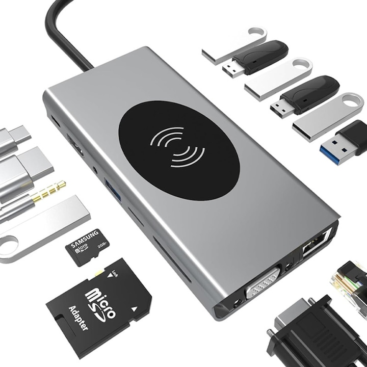 Докинг станция USB-C 15 в 1 Rqiurpn, безжично зареждане, HDMI 4K, VGA, Ethernet, SD карта, USB 3.0, черна