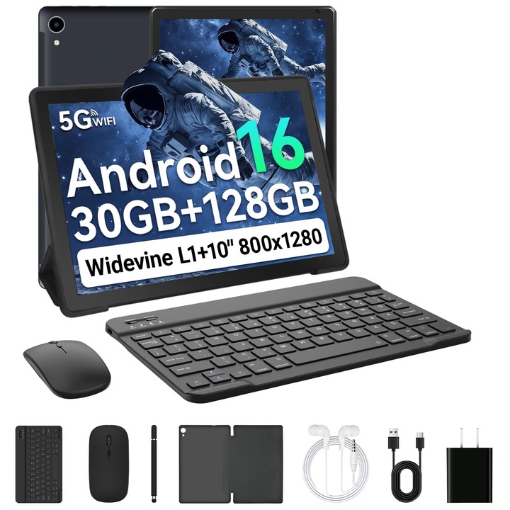 Tableta Android 15 wqplo C108, ecran 10,1 inchi, 14GB RAM + 128GB ROM, set complet negru cu tastatura, mouse, stylus, husa de protectie, extensibila pana la 1TB cu card TF, 5000mAh, 5MP + 8MP