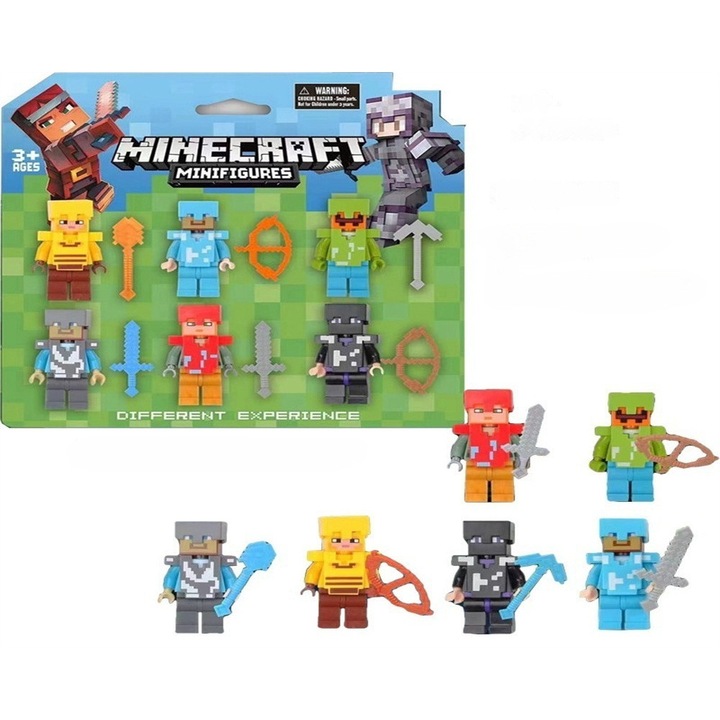 6 db interaktív figura fegyverekkel, kompatibilis a Minecraft és építőkockákkal, pixel minifigurák ABS műanyagból, gyermek ajándék, 17.2 cm