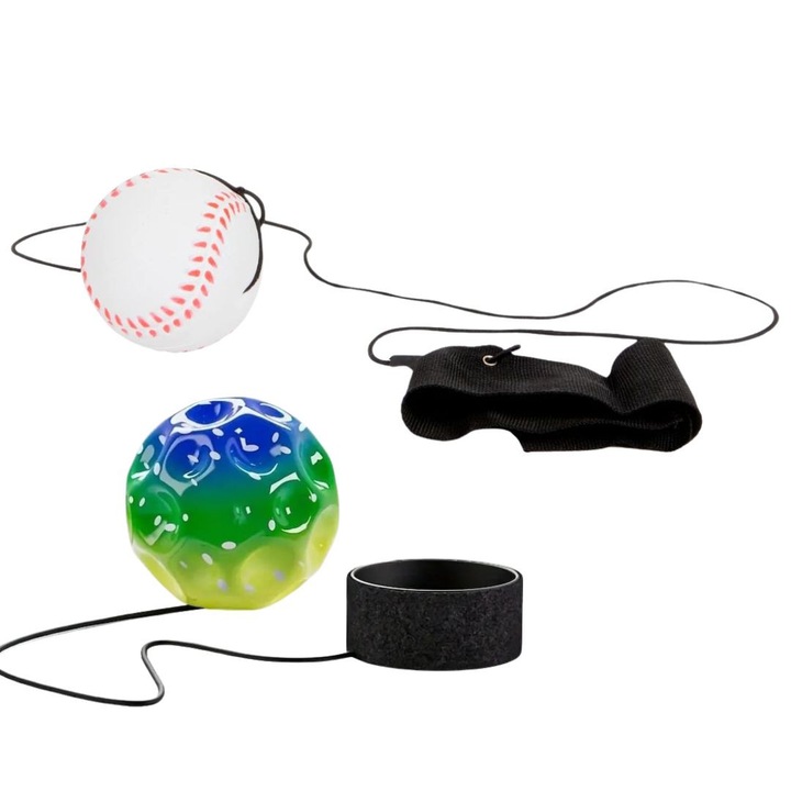 Set 2 mingi cu revenire automata si sarituri spectaculoase – Space Moon Ball verde multicolor si model baseball alb-rosu, 66 mm, antistres pentru copii si adulti