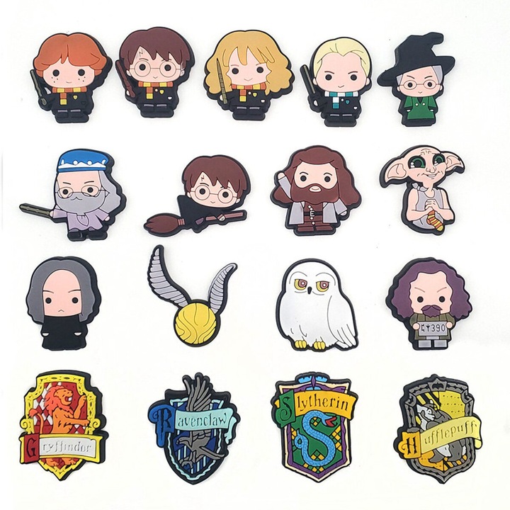 Crocs kiegészítő szett, Harry Potter cipőkiegészítők, vízálló és tartós, könnyen felhelyezhető és eltávolítható, PVC anyag, 17 darab, többszínű