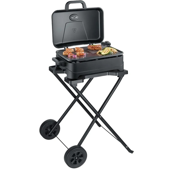 Gratar electric de gradina cu roti Severin, suprafata de gatit 45x30 cm, potrivit pentru balcon/gradina, poate fi folosit si ca gratar de masa, strat ceramic, incalzire rapida (4.30 min.), temperatura regbila, termometru integrat, negru