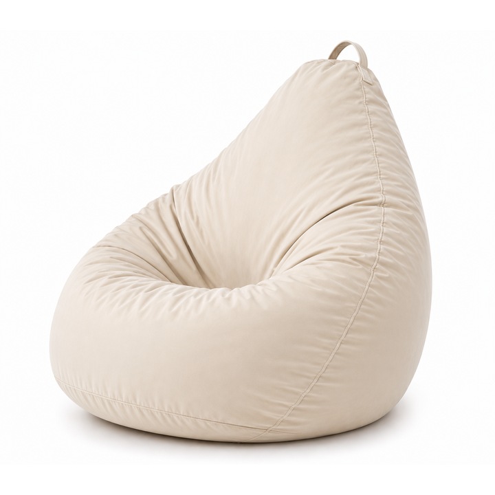 Fotoliu Bean Bag XXL tip para Geladi Kronos, 110x85x85 cm, Bej Fildes, Umplutura spuma poliuretanica maruntita, Confort stabil si sustinere reala pentru relaxare