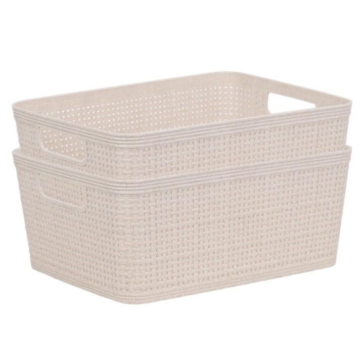 Set Cosuri Depozitare, Koopman, Set De 2 Cosulete Din Plastic PP Cu Model Impletit Pentru Organizare Baie Si Dulap, Structura Usoara Si Durabila, Design Elegant, Ideale Pentru Maruntisuri, 24.5x19x10 cm, Bej Nisip