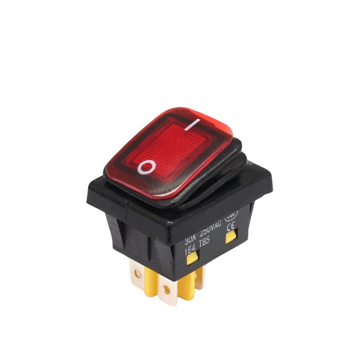 Billenőkapcsoló ON-OFF, KCD4-0311-21, 4 tűs, 250VAC, 30A, 30x22mm, piros LED, reteszelő, IP65