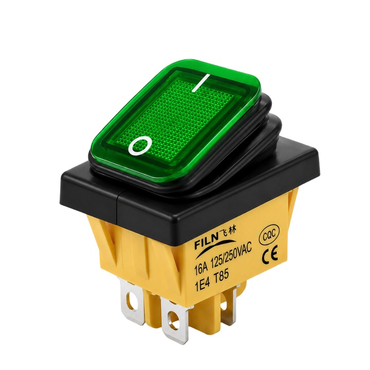 ON-OFF billenőkapcsoló/rocker, KCD4-0211-21, 4 tűs, 250VAC, 16A, 30x22mm, zöld LED, reteszelő, IP65