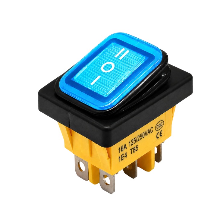 Billenőkapcsoló ON-OFF-ON, KCD4-0111-23, 6 tűs, 250VAC, 16A, 30x22mm, kék LED, reteszelő, IP65