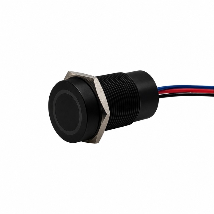 Buton tactil SPST 16mm, metalic negru, LED rosu/verde, NO, 12-24V DC, 0.2A, IP67, cu retinere