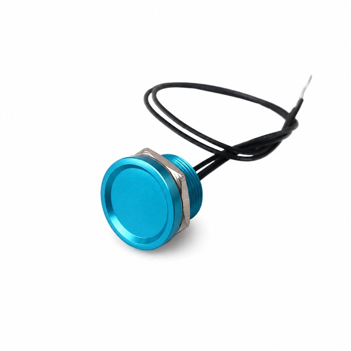 Buton tactil piezoelectric SPST, 19mm, albastru, metalic, NO, 12-24V DC, 0.2A, IP67, impuls (trigger)
