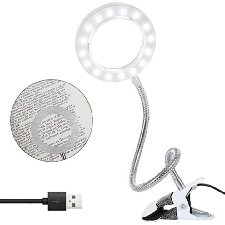 Lampa birou cu lupa 3x, reglabila, flexibila, alba, compacta