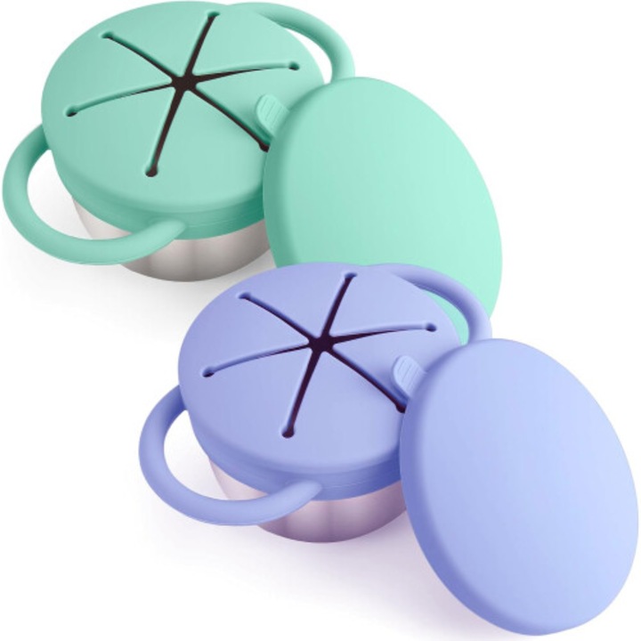 Set 2 recipiente gustari copii, otel inoxidabil, capac si maner silicon, 3in1, multicolor, 3x10cm