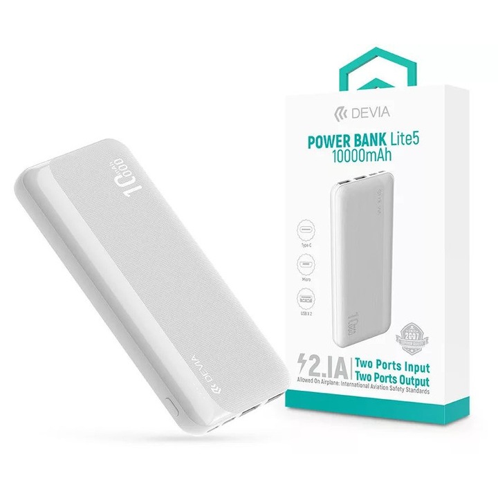 Devia ST125643 Kintone Series Lite 5 2xUSB/Type-C/microUSB 10.000 mAh fehér power bank